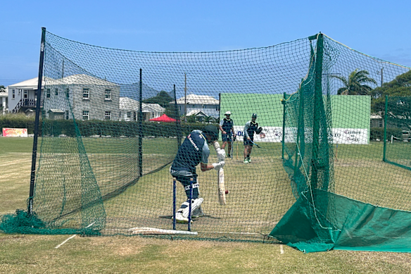 Marnus Labuachagne bats in the nets at Australian training in Barbados ahead of the team’s opening Test against the West Indies. 