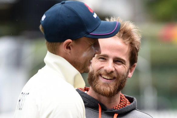 England captain Joe Root and Black Caps skipper Kane Williamson chat after the match was called off.