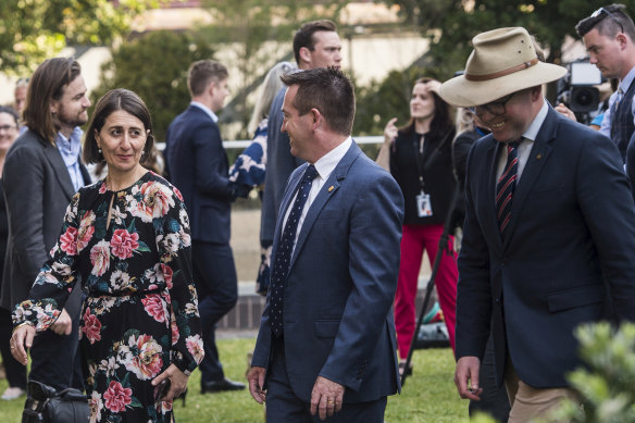 NSW Premier Gladys Berejiklian with then  acting deputy premier Paul Toole and Agriculture Minister Adam Marshall during a meeting while John Barilaro was on sick leave in October.