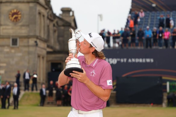 Cameron Smith celebrates victory at the British Open at St Andrews Old Course last month.