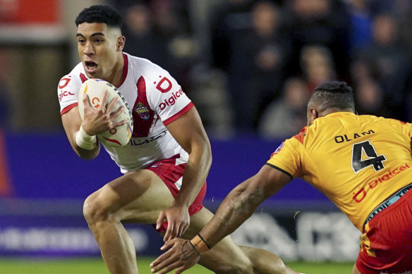 Tolutau Koula on the fly for Tonga at last year’s World Cup.