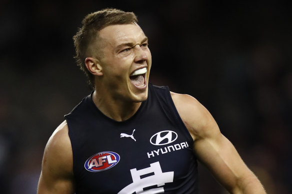 Carlton captain Patrick Cripps celebrates a goal.