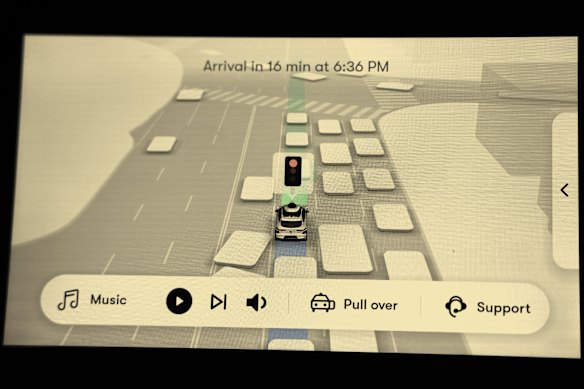 The backseat passenger screen of a self-driving “robotaxi” in Santa Monica, California in 2024. 