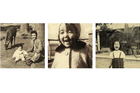Above: Sanae Takaichi, from left: aged one with her father in Nara Park; on her first boat trip; as a three-year-old.