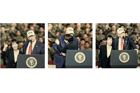 Above: Trump and Takaichi before troops aboard the USS George Washington on October 28 in Yokosuka.