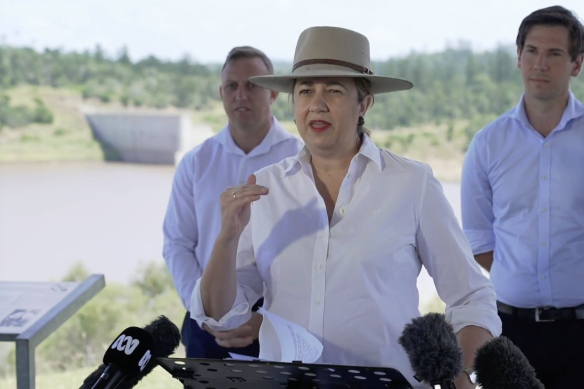 Queensland Premier Annastacia Palaszczuk with Deputy Premier Steven Miles and Bundaberg MP Tom Smith at Tuesday’s press conference.