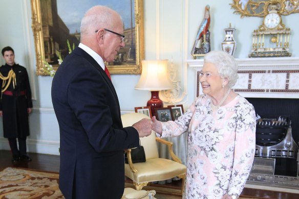 The Queen receives David Hurley, then governor of NSW, at Buckingham Palace in 2016.