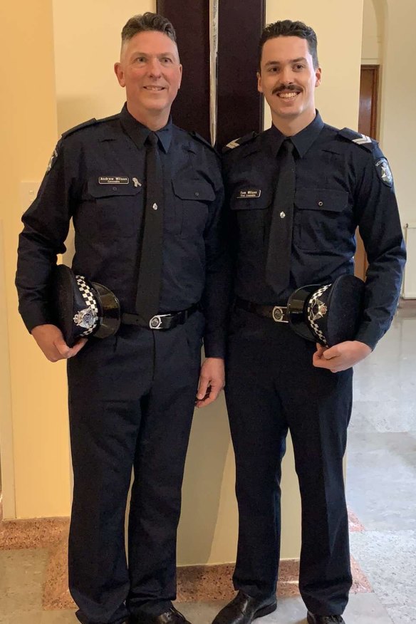 Victoria Police officer Andrew Wilson on graduation day alongside his superior and son, Senior Constable Tom Wilson.