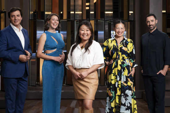 Guest judge Nagi Maehashi aka RecipeTin Eats (centre) pictured with Jean-Christophe Novelli, Sofia Levin, Poh Ling Yeow and Andy Allen.