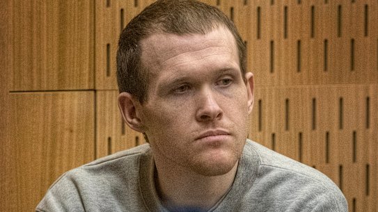 Australian Brenton Harrison Tarrant sits in the dock at the Christchurch High Court for sentencing on Monday.