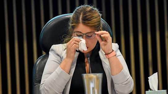 Then mayor Susan Serey wipes away tears at Casey council’s last meeting   after being sacked in 2020