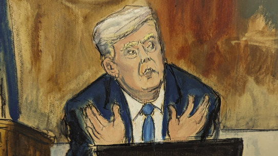 In this courtroom sketch, former President Donald Trump testifies on the witness stand.