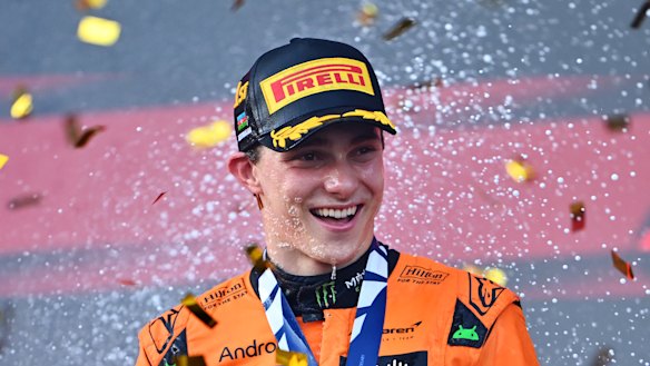 Oscar Piastri celebrates on the podium after his win in Azerbaijan, he is currently No. 4 in driver standings for this year’s F1 season.