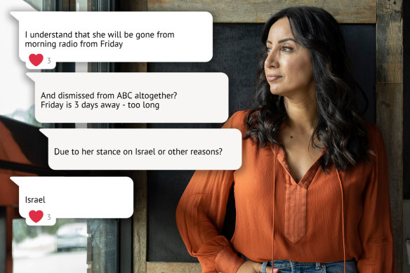 Photo composite of sacked ABC presenter Antoinette Lattouf and secret WhatsApp messages showing a co-ordinated campaign to oust her.