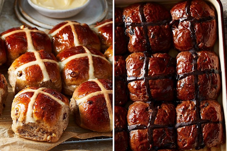 Helen Goh's traditional (left) and chocolate hot cross buns.