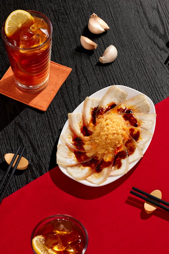 Snacks are also on the menu, like spiced pork belly with mashed garlic.