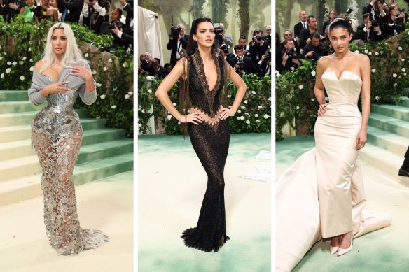 Kim Kardashian, Kendall Jenner and Kylie Jenner arrive at the Met Gala 2024.
