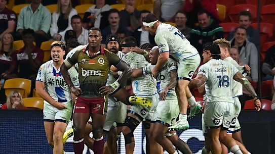 The Blues celebrate the match winning try scored by Sam Nock.