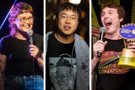 Comedians (from left) Scout Boxall, Aaron Chen and Sam Campbell are clients of Junkyard Artist Management. 