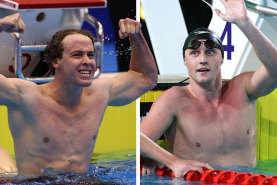 Left: Sam Short after his 400m freestyle victory last year at the world championships in Fukuoka. Right: Elijah Winnington celebrates his 400m freestyle final win during the Australian swimming trials at Brisbane Aquatic Centre in June.