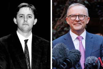 Anthony Albanese in 1990 and 2022.