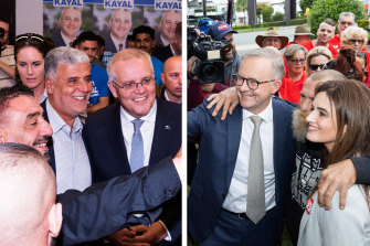 Scott Morrison and Anthony Albanese campaigning on Thursday, two days ahead of the election. 