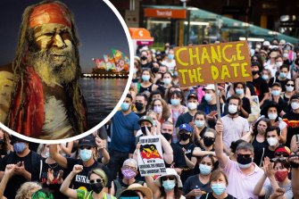 Composite - Koomurri performer Les Daniels in front of the projection of artwork by Pitjanjara artist Yadjidta David Miller on the sails of the Opera House on Australia Day. Circular Quay, NSW. 26th January, 2022. Photo: Kate Geraghty 
Protestors gather at Town Hall for the Invasion Day March in Sydney on Wednesday, January 26, 2022. Photo by Cole Bennetts.