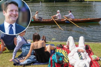 A rowing boat passes spectators on the river bank on the opening day of the 2019 Henley Royal Regatta alongside the river Thames, and inset, Tony George, headmaster at King’s School. 