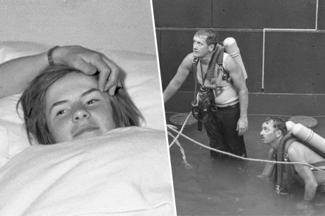 Carl Powell was rescued from the Melbourne City Square fountain by firemen Garry Cronin (left) and John Rodda in 1981.