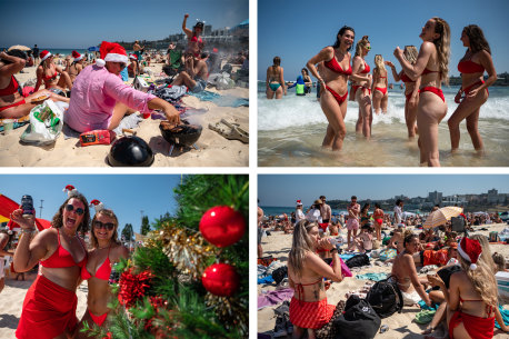 Beachgoers enjoying the sun and sand at Bondi at Christmas.