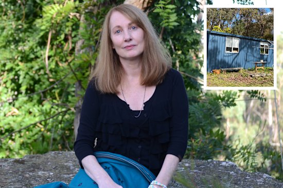 Jackie Bos and the shed in which she lives.