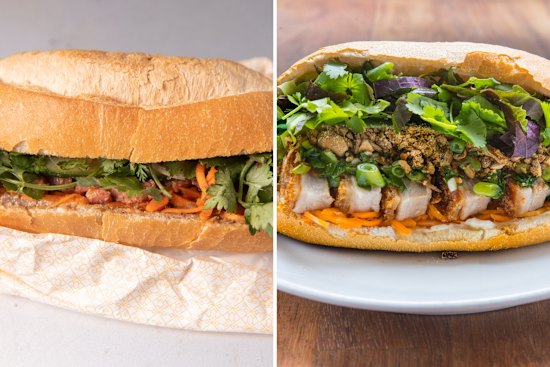 Pork banh mi at Phuoc Thanh (left) and Ca Com.