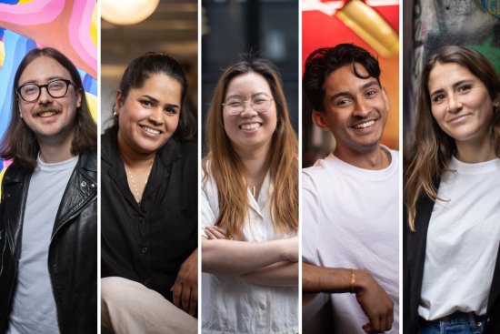 Finalists for The Age Good Food Guide 2025 Young Chef of the Year, presented by Smeg, from left: Henry Salt, Saavni Krishnan, Kimberly Tang, Emie Vitteaut and Viveik Vinoharan.