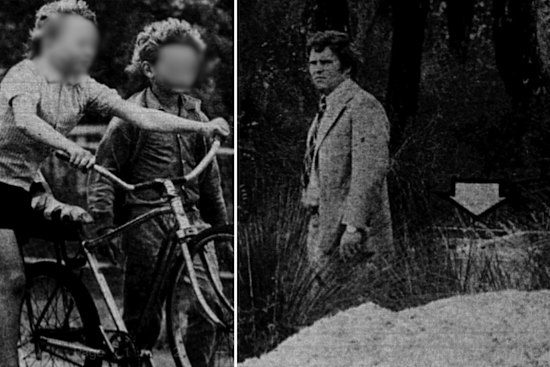 Two of the boys who found Gwenneth Graham’s body in Balga. Norm is not in frame. Right: A photo from the scene that appeared on the front page of the West Australian in October 1974. The arrow indicates the refrigerator.