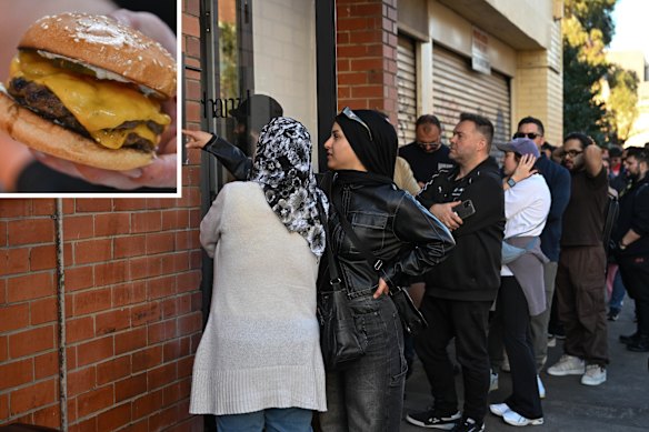 The queue for Charrd in Lygon Street, Brunswick East, and its cheeseburger (inset).
