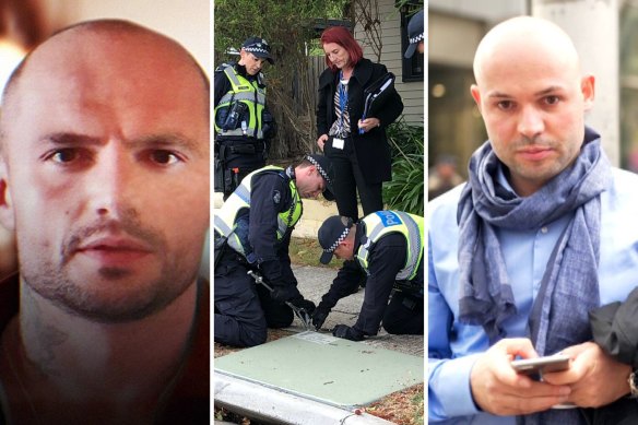 From left: Albert Biba, Victoria Police at a shooting scene in Ringwood, and Diego Biba.