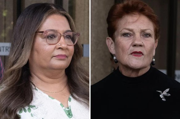Mehreen Faruqi and Pauline Hanson outside the Federal Court in Sydney on Monday.