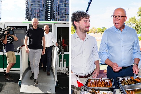 Left: Anthony Albanese and WA Premier Roger Cook in Perth; Right: Peter Dutton in Perth.