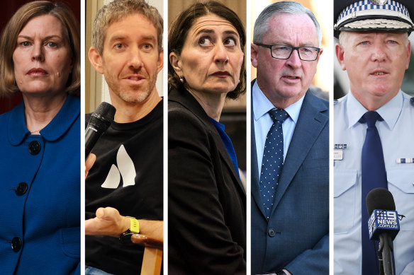 Chief Health Officer Kerry Chant, Atlassian boss Scott Farquhar, Premier Gladys Berejiklian, Health Minister Brad Hazzard and Police Commissioner Mick Fuller.    