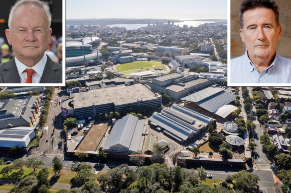 The Entertainment Quarter, to the right, is next to the SCG at Moore Park. Inset: EQ chairman Tony Shepherd, top left, and venture capitalist Mark Carnegie, a key investor of the EQ.