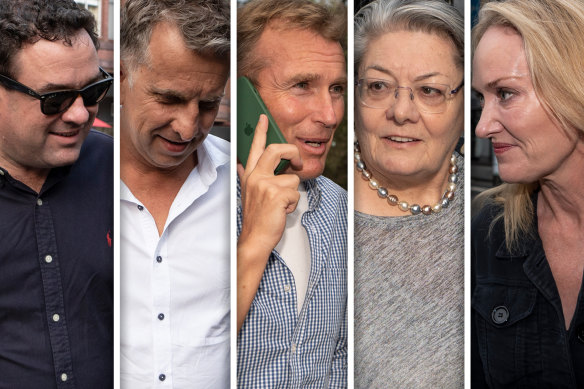 Stuart Ayres, Andrew Constance, Rob Stokes, Sally Betts and Natalie Ward arrive at a restaurant on Sunday.