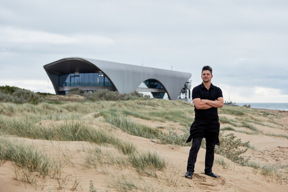 Executive chef Michael Demagistris outside Tarra, on the sand at Queenscliff.
