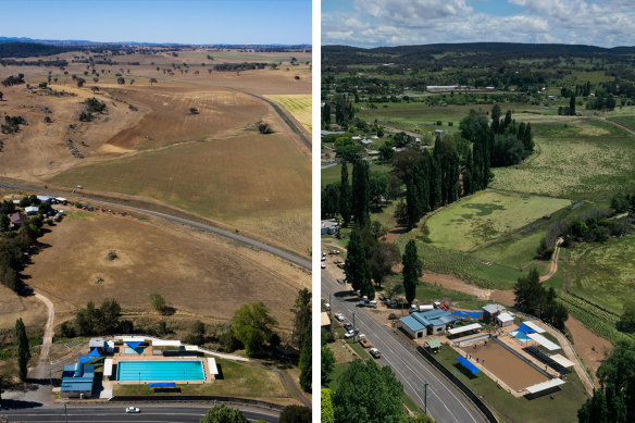 Molong Swimming Pool in October 2019, left, and on Tuesday this week.