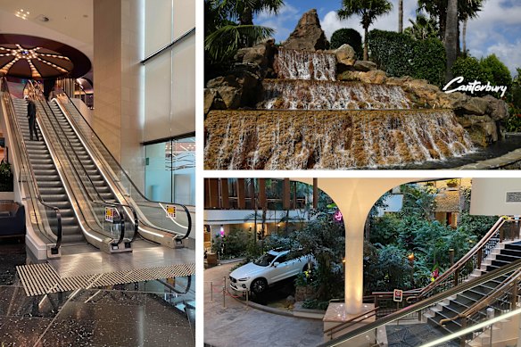 Clockwise from left: Prospective punters can ride Canterbury League Club’s “stairway to heaven”; the club’s water feature greets visitors at the entrance; Aan $87,000 Volvo, a prize in a lottery, sits among fake greenery in the atrium.