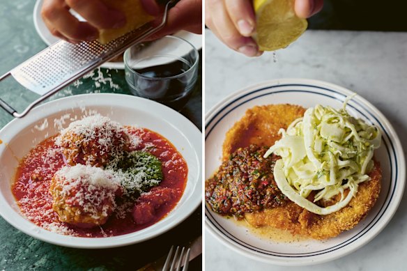 Meatballs with basil pesto (left); chicken schnitzel, burnt salsa, fennel slaw.