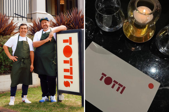 Merivale's Totti's logo (left, with chefs Matt Germanchis and Mike Eggert at the Lorne Hotel) and the Totti restaurant in Paris.