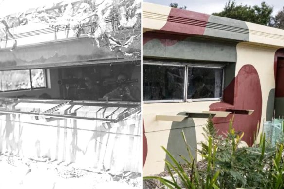Before: The Battery Observation Post in operation in an Australian War Memorial photograph, 1944. After: The Harbour Trust with help from volunteers have refurbished the North Fort Battery.