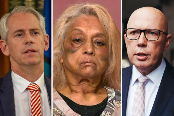 Immigration Minister Andrew Giles, Perth grandmother Ninette Simons and Opposition Leader Peter Dutton.