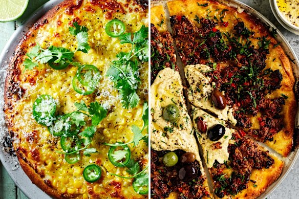 Pizza twins: Jessica Brook’s Mexican corn pizza and Adam Liaw’s lahmacun (lamb pizza) with hummus are easily split for both meat eaters and vegetarians.