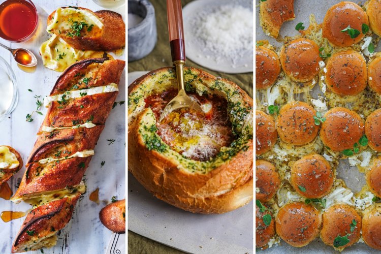 Adam Liaw’s garlic and brie baguette (left) and Katrina Meynink’s garlic bread cobb loaf bowl (centre) and Greek-inspired pull-apart rolls with lemon, honey and garlic (right).